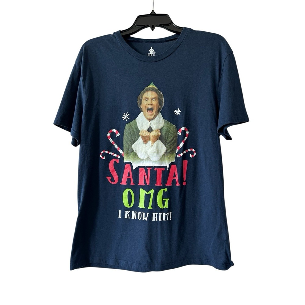 Elf Movie Santas Coming OMG I know Him Short Sleeve Crew Blue Shirt Size Large L - Picture 5 of 10